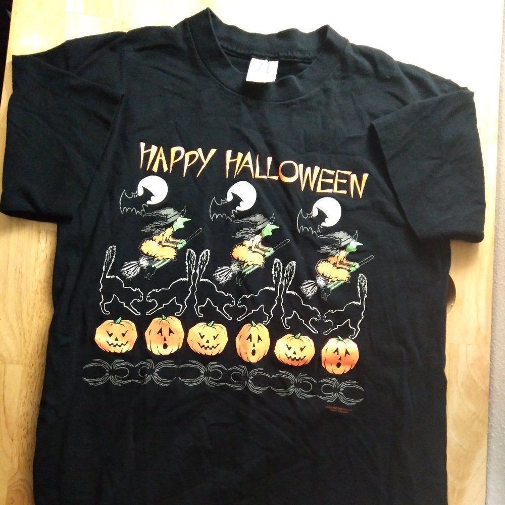 Vintage 90s Happy Halloween Witch Pumpkin Bat Cat T-Shirt Glow In The Dark